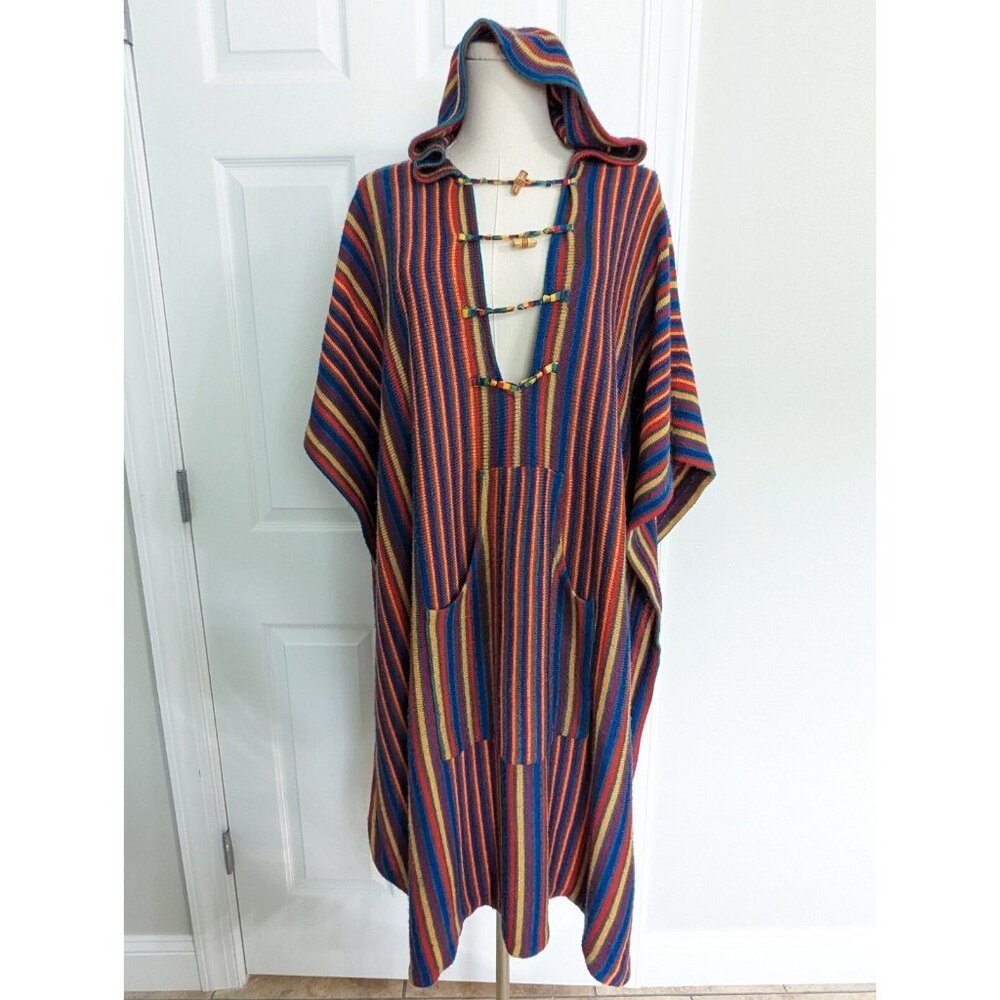 Vtg 70s Unisex Offspring Trisha Sayad Striped Hooded Caftan Poncho Cardigan Boho